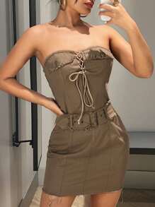 SHEIN ICON Lace Up Front Belted Tube Dress - Khaki - View 1