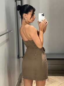 SHEIN ICON Lace Up Front Belted Tube Dress - Khaki - View 3