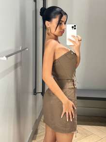 SHEIN ICON Lace Up Front Belted Tube Dress - Khaki - View 4