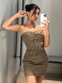 SHEIN ICON Lace Up Front Belted Tube Dress - Khaki - View 5