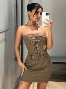 SHEIN ICON Lace Up Front Belted Tube Dress - Khaki - View 2