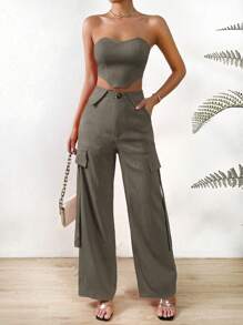 SHEIN Privé 素色頭巾下擺抹胸上衣和翻蓋細節長褲 - 灰色 - 查看 1