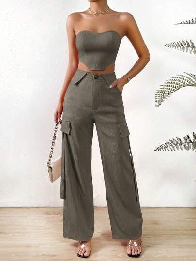 SHEIN Privé 素色頭巾下擺抹胸上衣和翻蓋細節長褲