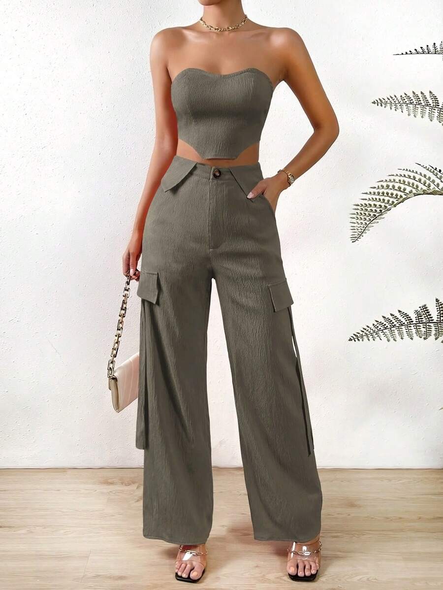 SHEIN Privé 素色頭巾下擺抹胸上衣和翻蓋細節長褲 - 灰色 - 查看 1