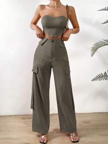 SHEIN Privé 素色頭巾下擺抹胸上衣和翻蓋細節長褲 - 灰色 - 查看 3