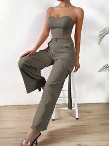 SHEIN Privé 素色頭巾下擺抹胸上衣和翻蓋細節長褲 - 灰色 - 查看 5