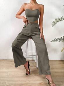 SHEIN Privé 素色頭巾下擺抹胸上衣和翻蓋細節長褲 - 灰色 - 查看 6