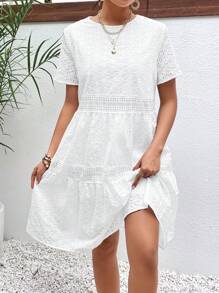 SHEIN Frenchy Eyelet Embroidery Ruffle Hem Smock Dress Summer White Beach - White - View 2