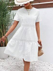 SHEIN Frenchy Eyelet Embroidery Ruffle Hem Smock Dress Summer White Beach - White - View 1