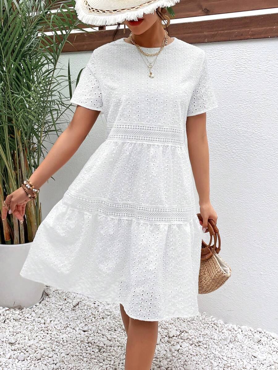 SHEIN Frenchy Eyelet Embroidery Ruffle Hem Smock Dress Summer White Beach - White - View 1