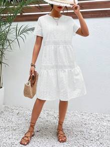 SHEIN Frenchy Eyelet Embroidery Ruffle Hem Smock Dress Summer White Beach - White - View 3