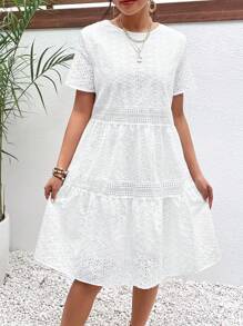 SHEIN Frenchy Eyelet Embroidery Ruffle Hem Smock Dress Summer White Beach - White - View 4