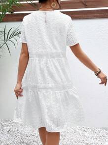 SHEIN Frenchy Eyelet Embroidery Ruffle Hem Smock Dress Summer White Beach - White - View 5