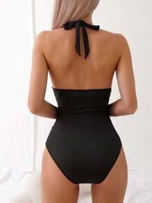 Swim Basics Summer Beach Ruched Halter One Piece Swimsuit - Black - View 2