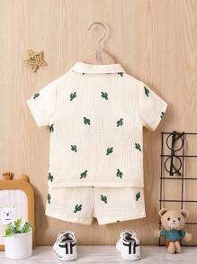 SHEIN Đứa bé trai Bản in Xương rồng Áo sơ mi & Quần short Without Tee - Màu be - Xem 2