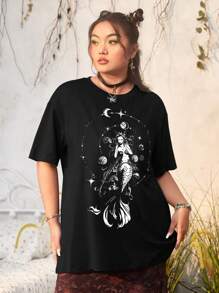 ROMWE Fairycore 大碼美人魚圖案落肩T恤 - 黑色 - 查看 1