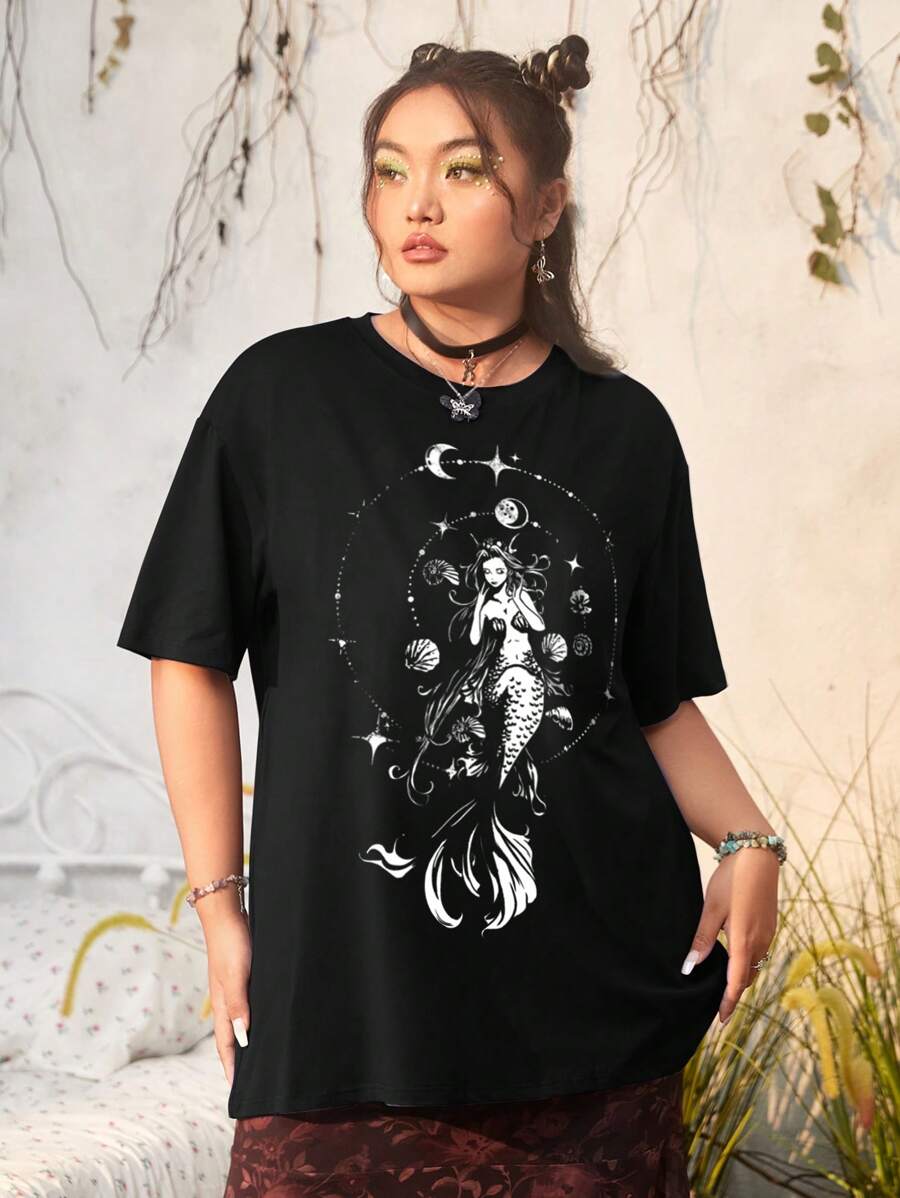 ROMWE Fairycore 大碼美人魚圖案落肩T恤 - 黑色 - 查看 1