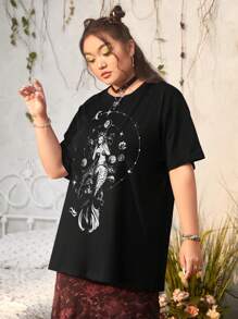 ROMWE Fairycore 大碼美人魚圖案落肩T恤 - 黑色 - 查看 3