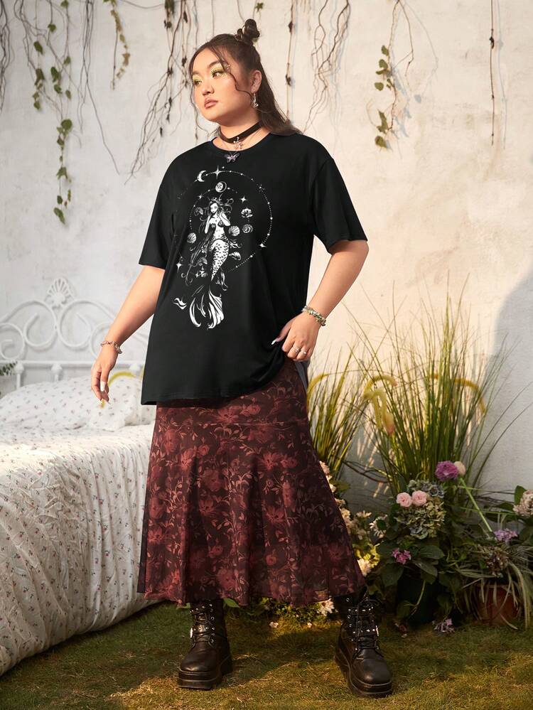 ROMWE Fairycore 大碼美人魚圖案落肩T恤 - 黑色 - 查看 5