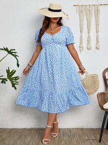 SHEIN Franclia Plus Ditsy Floral Print Ruched Bust Ruffle Hem Dress - Baby Blue - View 1