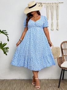 SHEIN Franclia Plus Ditsy Floral Print Ruched Bust Ruffle Hem Dress - Baby Blue - View 2