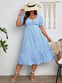 SHEIN Franclia Plus Ditsy Floral Print Ruched Bust Ruffle Hem Dress - Baby Blue - View 3