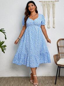 SHEIN Franclia Plus Ditsy Floral Print Ruched Bust Ruffle Hem Dress - Baby Blue - View 5