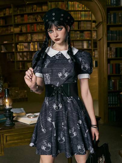 Academia Slogan Skull Graphic Contrast Collar Puff Sleeve Dress Without Corset