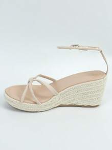 度假踝帶坡跟涼鞋適合女士,仿麂皮打結細節編織坡跟涼鞋 - 米色 - 查看 3