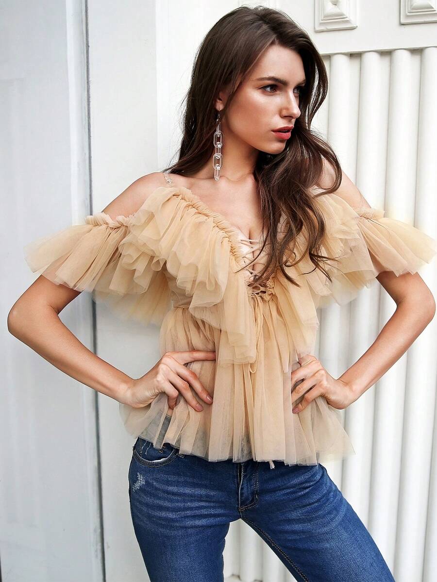 Simplee Top plissé en tulle à lacets