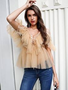 Simplee Top plissé en tulle à lacets