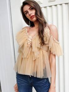 Simplee Top plissé en tulle à lacets