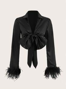 SHEIN ICON Fuzzy Cổ tay áo Nút phía trước Xa ten Áo sơ mi - màu đen - Xem 1