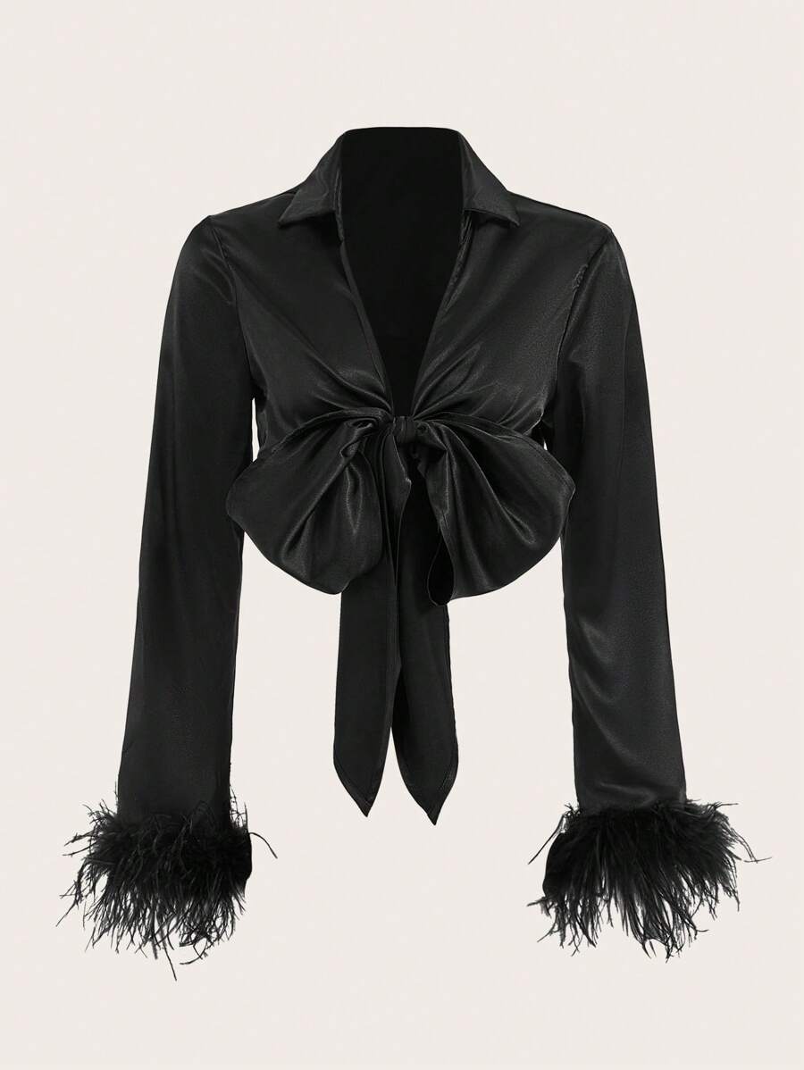 SHEIN ICON Fuzzy Cổ tay áo Nút phía trước Xa ten Áo sơ mi - màu đen - Xem 1