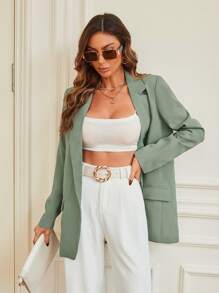 SHEIN BIZwear Lapel Neck Single Button Blazer Workwear - Mint Green - View 4