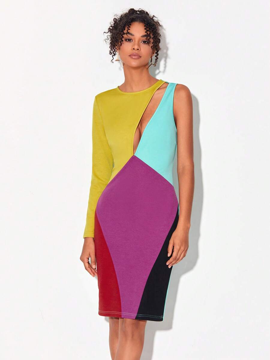 Sylvia Mollie 前鏤空撞色緊身洋裝 - 彩色 - 查看 1