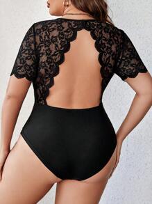 SHEIN Clasi Plus Contrast Lace Sleeve Scoop Neck Bodysuit - Black - View 2
