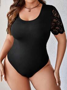 SHEIN Clasi Plus Contrast Lace Sleeve Scoop Neck Bodysuit - Black - View 3