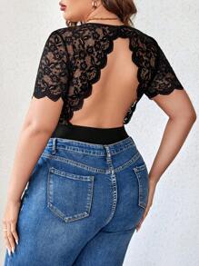 SHEIN Clasi Plus Contrast Lace Sleeve Scoop Neck Bodysuit - Black - View 4