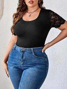 SHEIN Clasi Plus Contrast Lace Sleeve Scoop Neck Bodysuit - Black - View 5