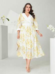 Modelyn Hơn In hoa Baroque Surplice cổ Tay áo lồng đèn Đầm - Màu vàng - Xem 1