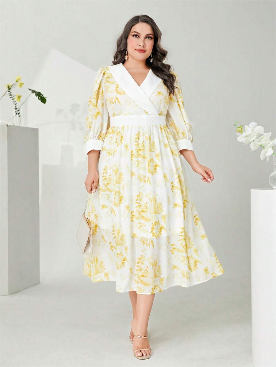 Modelyn Hơn In hoa Baroque Surplice cổ Tay áo lồng đèn Đầm - Màu vàng - Xem 1