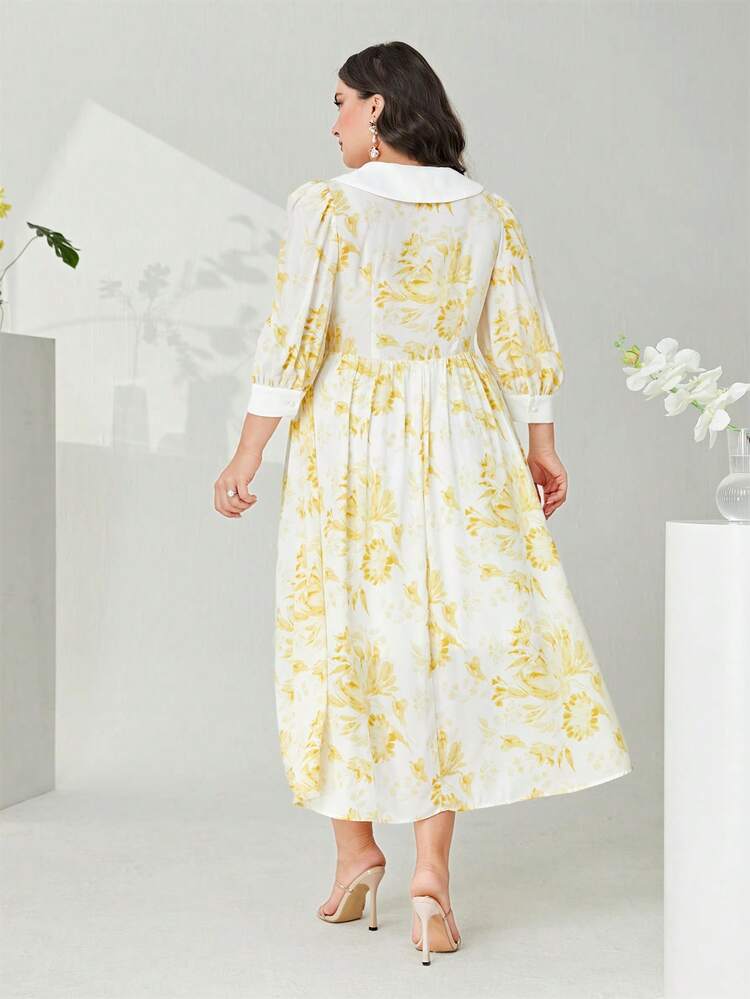 Modelyn Talla grande Vestido con estampado barroco de cuello cruzado de manga farol - Amarillo - Añade 2