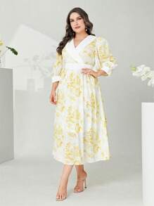 Modelyn Hơn In hoa Baroque Surplice cổ Tay áo lồng đèn Đầm - Màu vàng - Xem 3