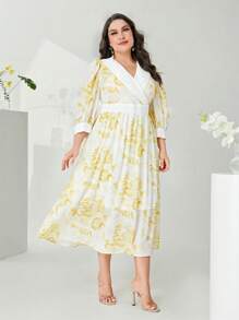 Modelyn Hơn In hoa Baroque Surplice cổ Tay áo lồng đèn Đầm - Màu vàng - Xem 4