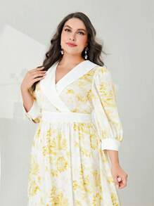 Modelyn Hơn In hoa Baroque Surplice cổ Tay áo lồng đèn Đầm - Màu vàng - Xem 5