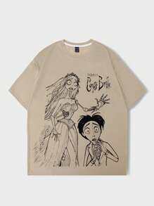 ROMWE MEN Corpse Bride | ROMWE 男士棉质图案 T 恤，学校 - 卡其色 - 查看 1