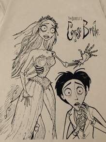 ROMWE MEN Corpse Bride | ROMWE 男士棉质图案 T 恤，学校 - 卡其色 - 查看 4