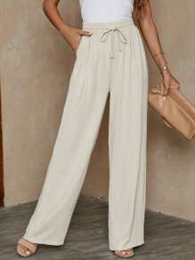 SHEIN LUNE Drawstring Waist Straight Leg Pants - Apricot - View 6