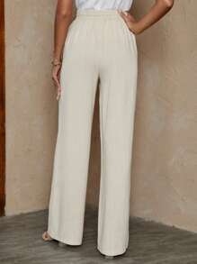 SHEIN LUNE Drawstring Waist Straight Leg Pants - Apricot - View 2